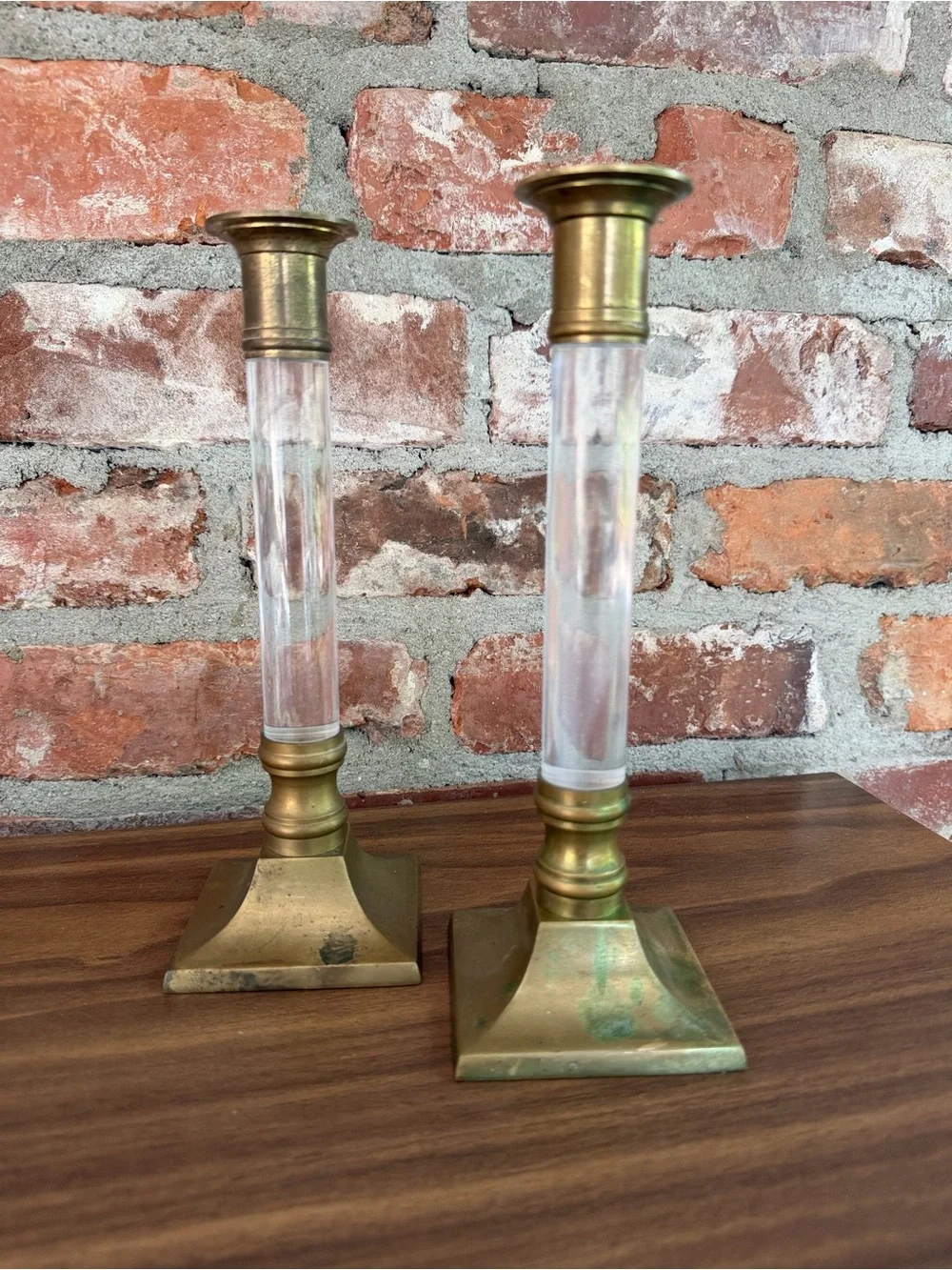 Vintage Brass Lucite Candlesticks Pair MCM Made in Hong Kong 9”